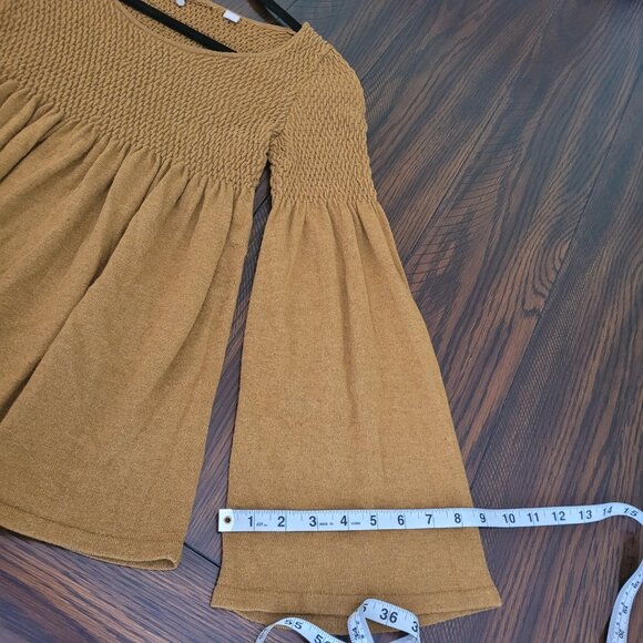 ANTHROPOLOGIE KNITTED & KNOTTED Sweater Size S Golden Tan  Babydoll Smocked - Picture 8 of 10